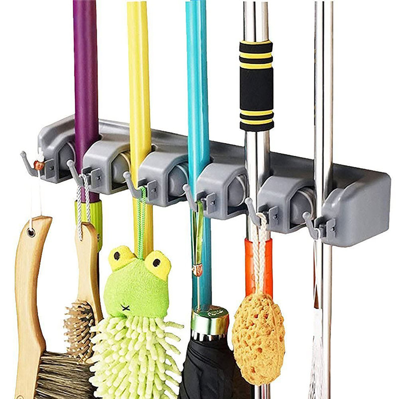 Wall Mounted Organizer with 5 Position 6 Hooks for Broom, Grey
