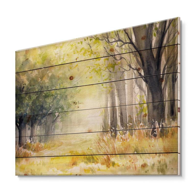 Soleil éclatant à travers les arbres de la forêt IV - Impression traditionnelle sur bois de pin naturel