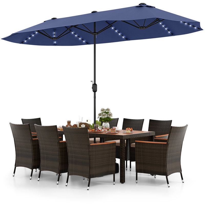 11 Pcs Patio Dining Table Chair Set With Umbrella And Base, Brown, Navy Blue