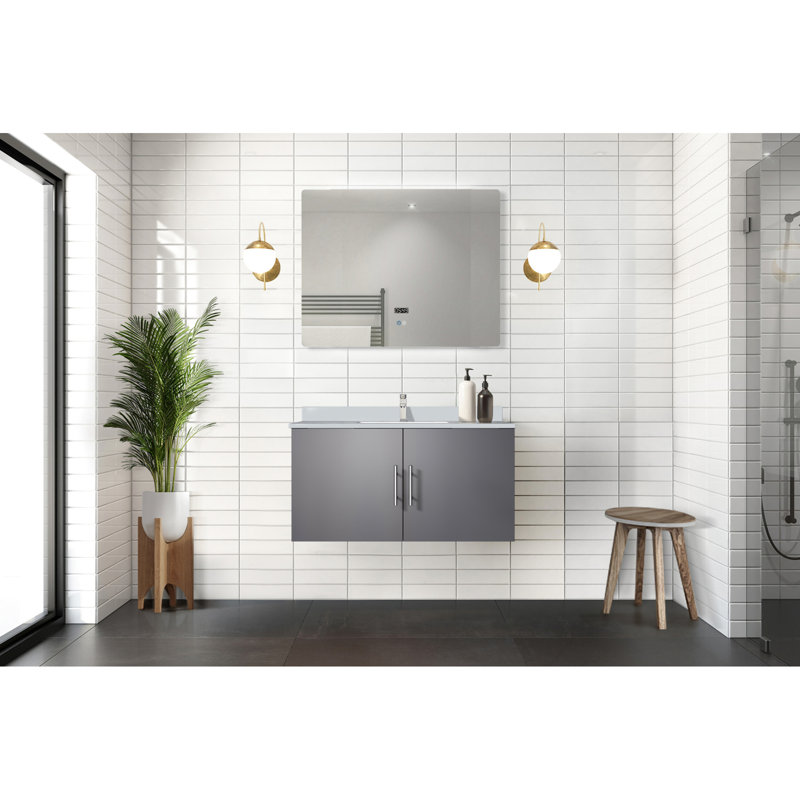 36 po Meuble-lavabo gris foncé avec comptoir et robinet en quartz blanc, miroir à DEL et teinture, Gris foncé