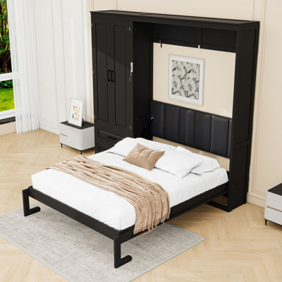 Grand lit escamotable 2 tiroirs avec garde-robe de rangement, tête de lit tapissier, armoire pliante peu encombrante et tablettes suspendues pour chambres d'amis et bureaux à domicile