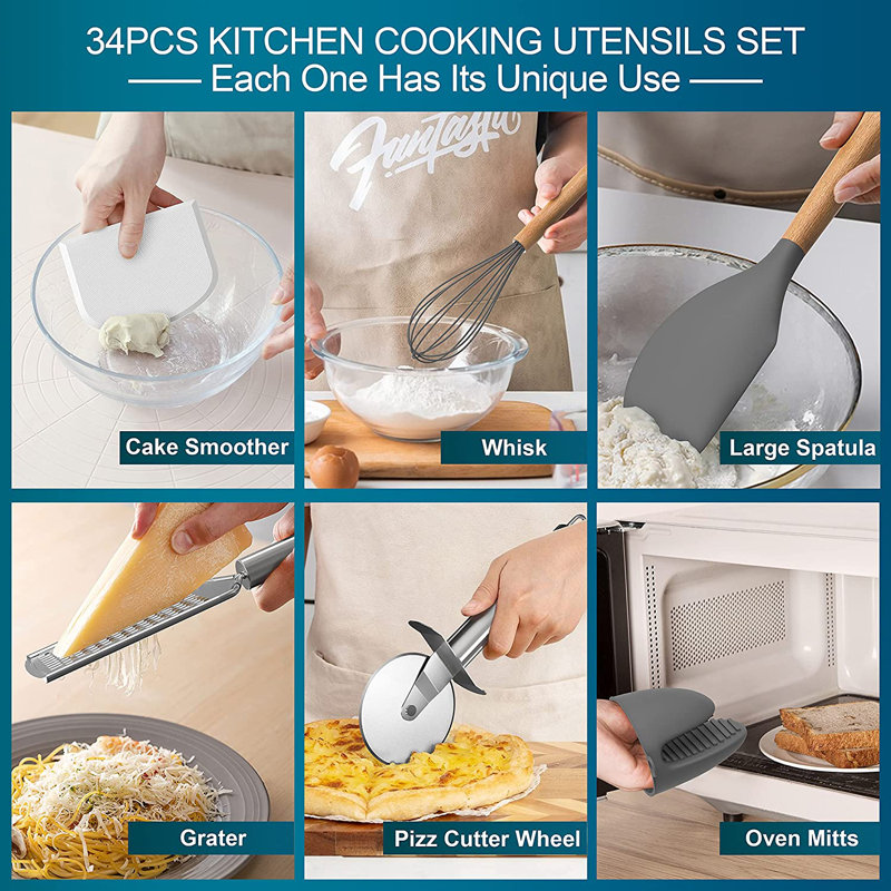 Gray Silicone and Wood 43-Piece Cooking Utensil Set