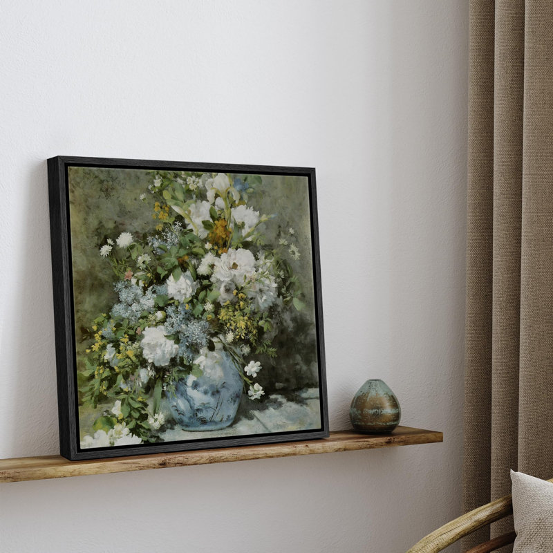 Élégant vase floral blanc avec fleurs et cadre classique, Toile noire, H 16 po x l 16 po