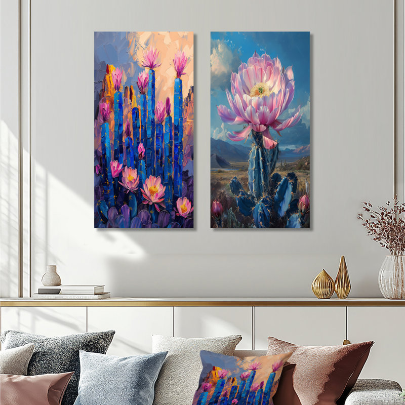 Ensemble de 2 décorations murales en métal rose cactus Grace II - Désert, 40" H x 40" W