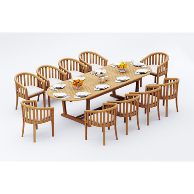 Ensemble de salle à manger 11 pièces en bois de teck de qualité A: 118 po avec table à rallonge ovale et tréteaux à deux pieds # 11LN2710