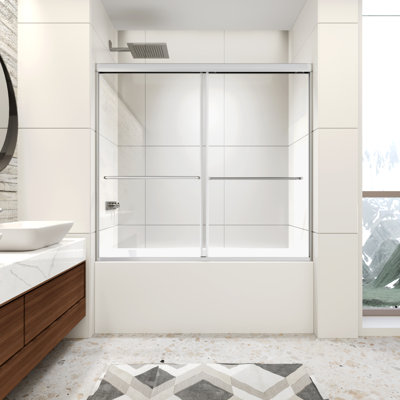 Porte de baignoire coulissante double en verre trempé transparent l 56 à 60 po x H 58 po H