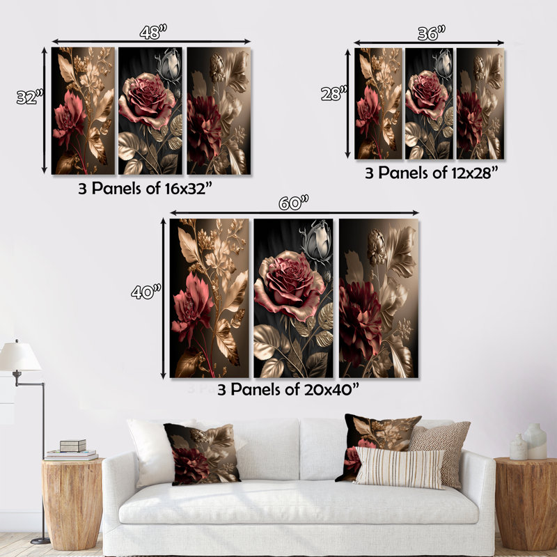 3 pièces, reproduction sur toile - Vintage Glam Rose I, H 40 po x l 60 po x P 1 po