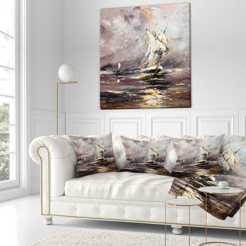 Vaisseau en mer orageuse - oreiller imprimé Sea & Shore, 18 po x 18 po, Coussin décoratif
