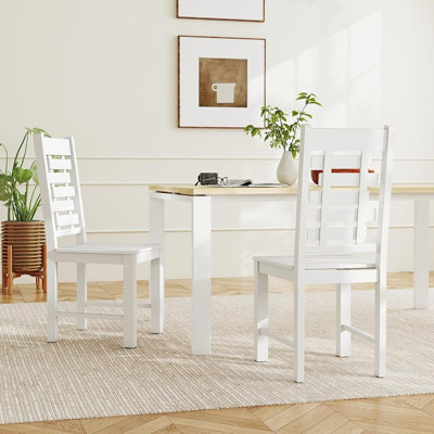 Wooden Dining Chairs Set Of 4, 100% Solid Rubber Wood Kitchen Chair With High & Tilted Backrest, Wide Seat, Mid-century Modern Side Armless Chairs For Dining Room Living Room, White
