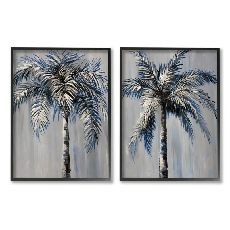 Palmiers gris modernes 2 pièces par Nan, Giclée encadrée noir minuit, H 14 po x l 22 po x P 1,5 po