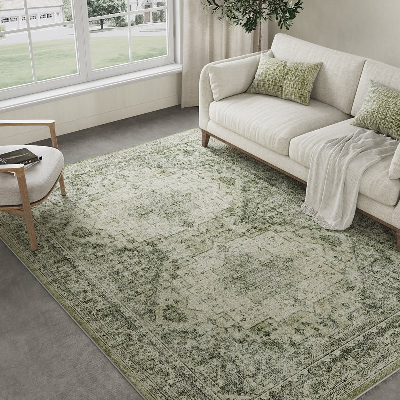 Elaine Machine Washable Vintage Area Rug With Non-Slip Backing, Rectangle 5' x 7', Green, 0.28"