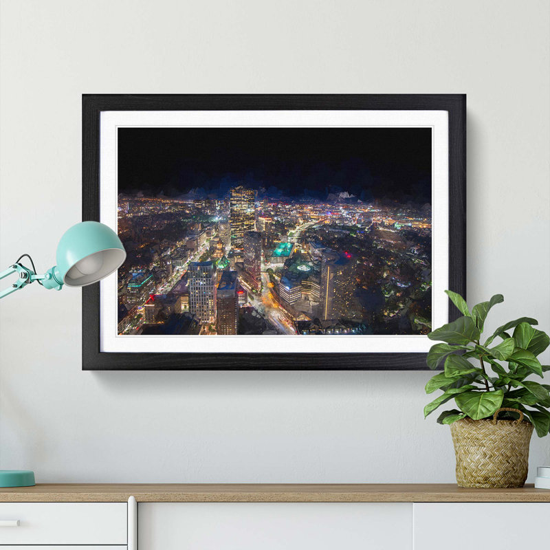 Night in Boston Massachusetts in Abstract - Picture Frame Graphic Art Print, 62cm H x 87cm W x 2cm D, Black Framed