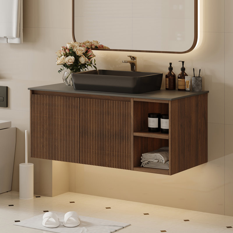 Meuble-lavabo simple avec comptoir en pierre frittée Dexheart, Bois brun, 36"