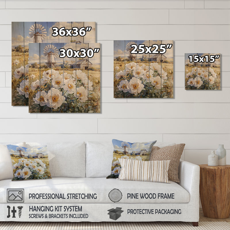 Pivoines près du moulin à vent - Impression sur bois de pivoines - sur bois de pin naturel, H 36 po x l 36 po x P 0,78 po