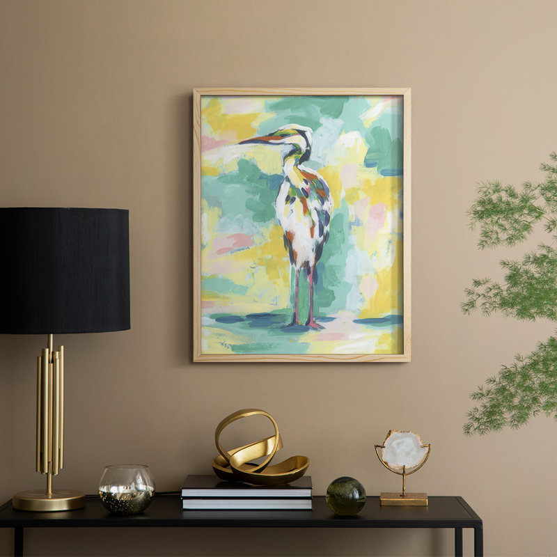 Bright Heron Fresco IV, reproduction encadrée - bois massif, H 15 po x l 12 po, Naturel
