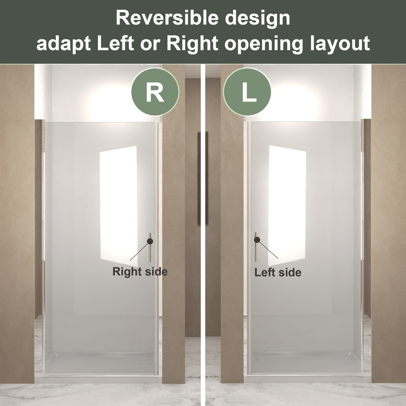 Porte de douche pivotante 32 po x 72 po en nickel brossé à demi-cadre en aluminium trempé 1/4 po avec film anti-déflagrant, certifié ANSI Z97.1 et design minimaliste moderne