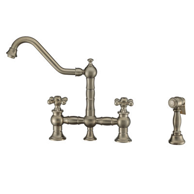 Whitehaus Collection Bridge Faucet with Long Traditional Swivel Spout Lever Handles and Solid Side Spray
