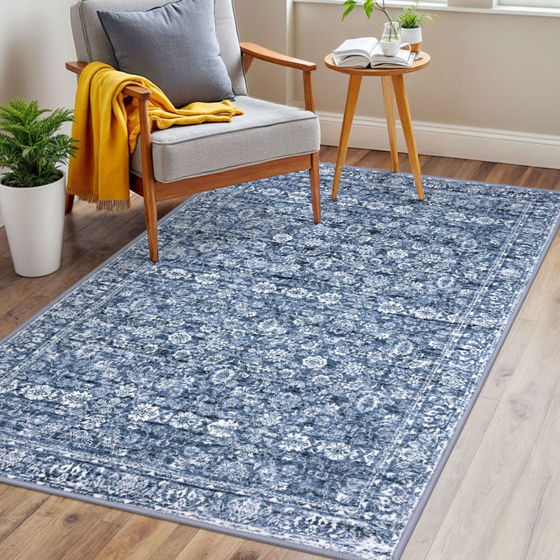 Tapis bleu lavable pour tapis de chambre à coucher avec envers en caoutchouc, Blue/White, Rectangle 3 pi x 5 pi