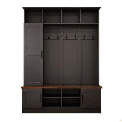 3-in-1 Hall Tree with 6 Hooks, Farmhouse Walnut Storage Bench with Adjustable Shelves, 55"W Entryway Coat Rack