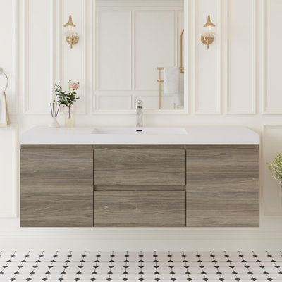 60" Floating Bathroom Vanity Modern Wall-Mounted Single Vanity with Integrated Resin Top Basin, 2 Cabinets and 2 Soft Close Drawers, Full Assembly