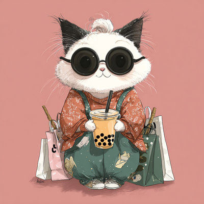 Cat with Bubble Tea Wrapped Canvas Wall Art