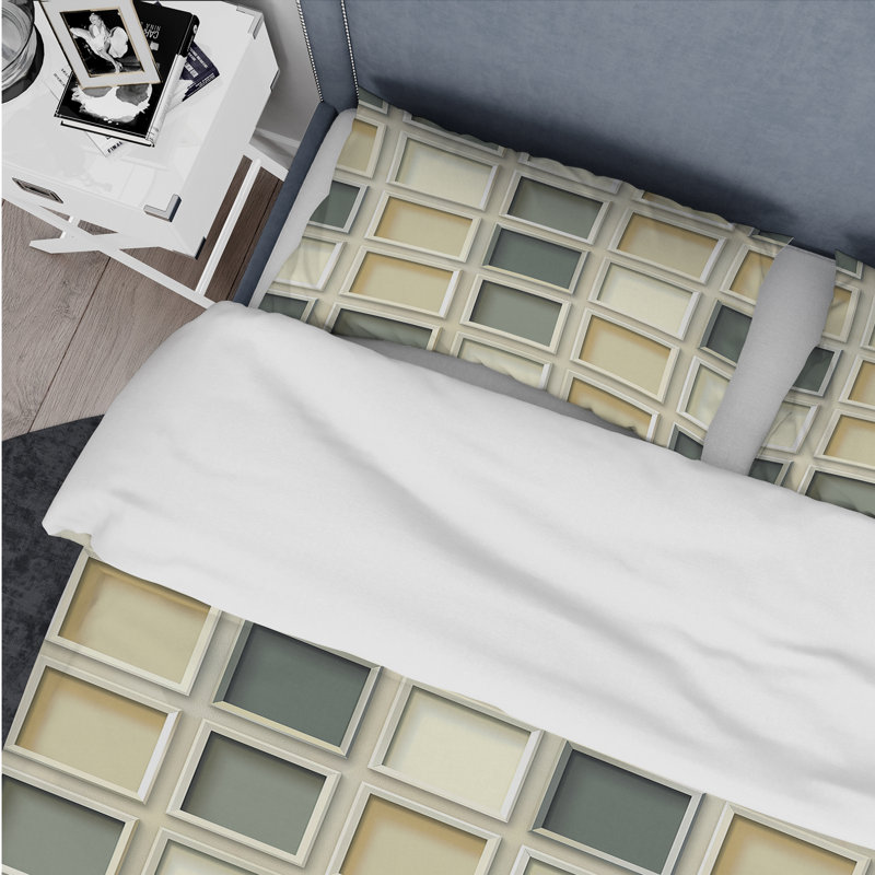 Grey Beige Geometric Squares - Ensemble de housse de couette géométrique, Housse de couette pour grand lit + 2 taies décora