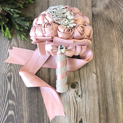Wedding & Quinceanera Bouquet Satin Rose Flower with Sparkle Rhinestone Crystal 