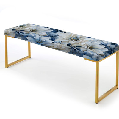 Arctic Blue And White Botanical Pattern I - Floral Upholstered Gold Bench