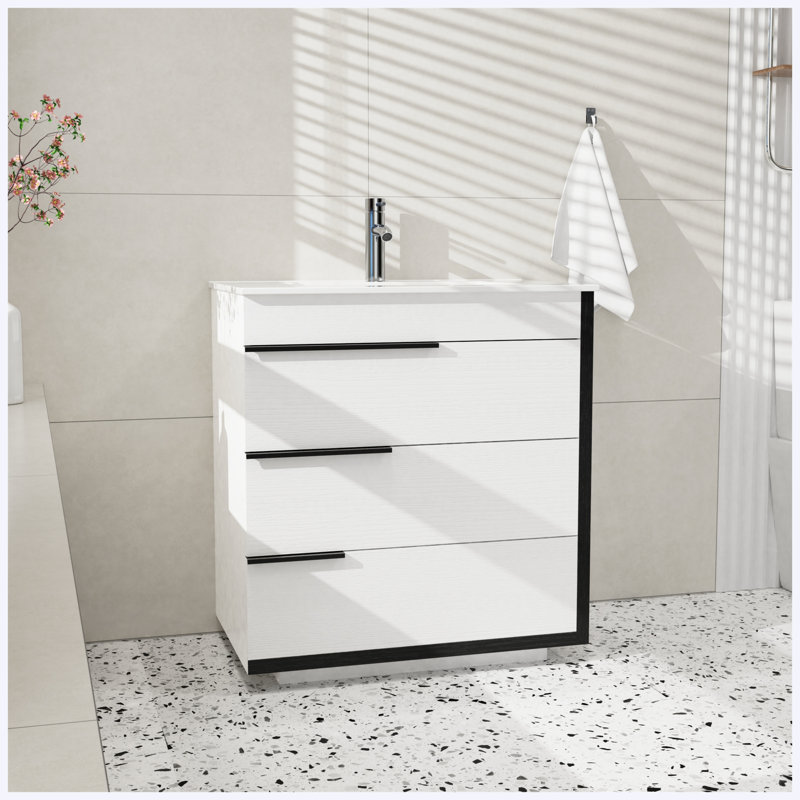 Meuble-lavabo autoportant moderne de 30 po, 3 tiroirs à fermeture en douceur, finition contrastée blanche et noire, poignées en métal artistiques personnalisables, panneau de fibres à densité moyenne (sans lavabo)