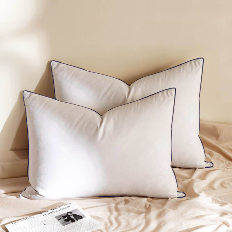 Oreiller de soutien en duvet d'oie Freman (ensemble de 2), Très grand lit, Blanc / Bleu marine