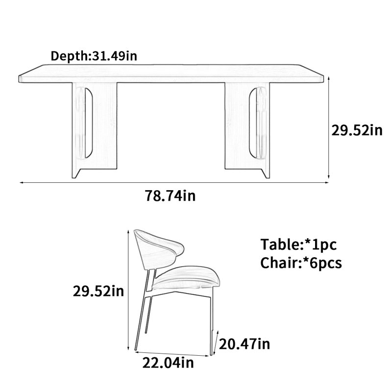 Table de salle à manger rectangulaire, H 29,52 po x L 78,74 po x l 31,49 po