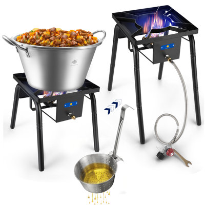 Gros cazo robuste en acier inoxydable de 41 pintes, résistant à l'arc, acier inoxydable, panier à friture 11,8 po, cazo Para Carnitas De Cobre, brûleur au propane de 220 000 BTU, avec pieds réglables en hauteur
