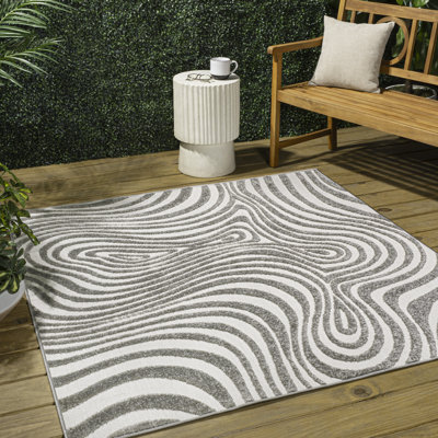 Maribo High-Low Abstract Groovy Striped Gray/Ivory Indoor/Outdoor Rug