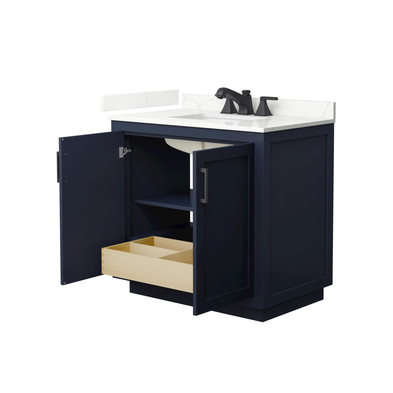 Ensemble de meuble-lavabo simple 36 po avec plateau en quartz Miranda, Bleu très foncé, Quartz Giotto, Noir mat