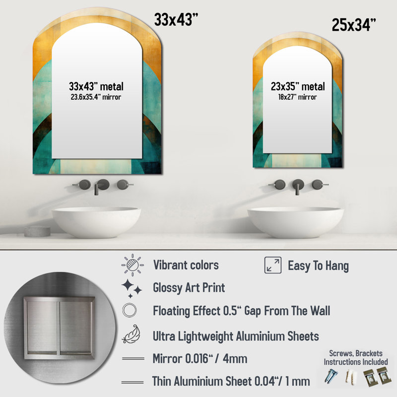 Emerald And Golden Arches III - Abstract Shapes Asymmetrical Mirror, Gold Arch Unique Wall Mirror, Printed Metal Art