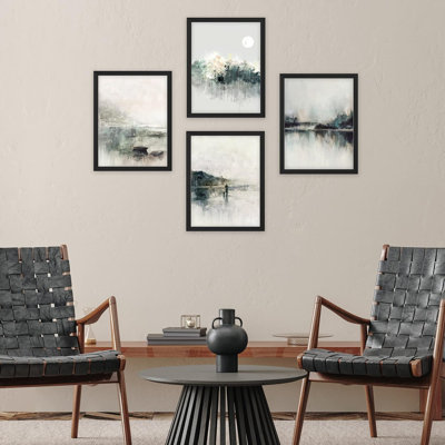 «Misty Mountain Lake», paysage abstrait, décor de bureau encadré sur papier, impression de 4 pièces