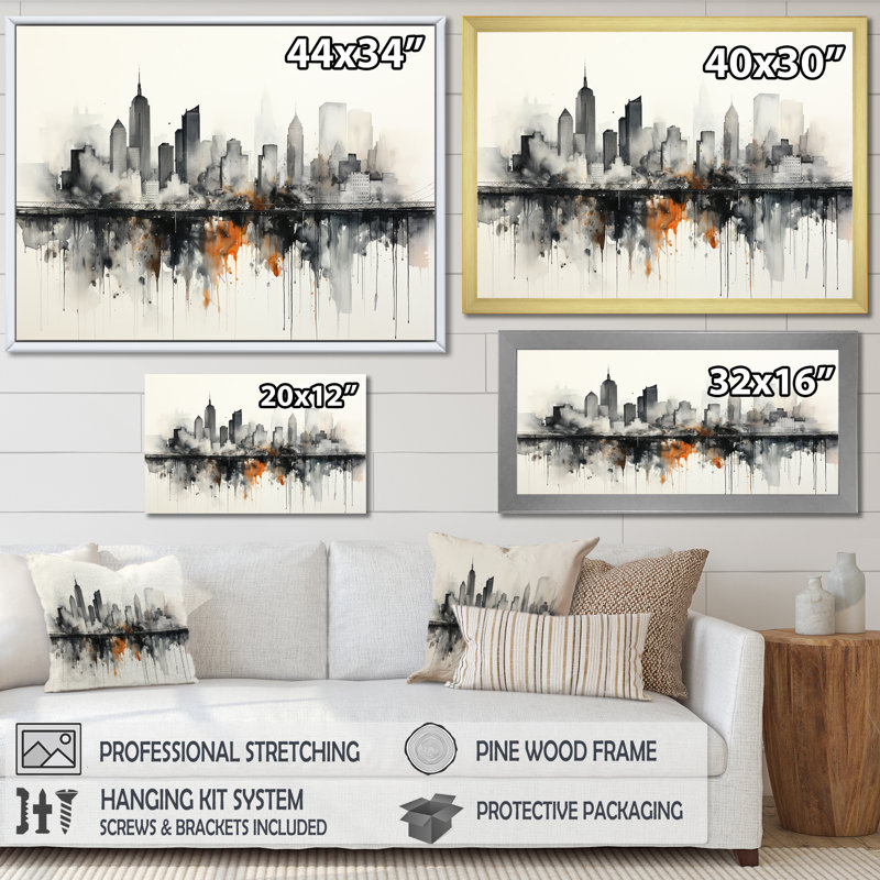 Onyx Outline Sckycraper Building I sur toile, Cadre flottant doré, H 34 po x l 44 po x P 1,5 po