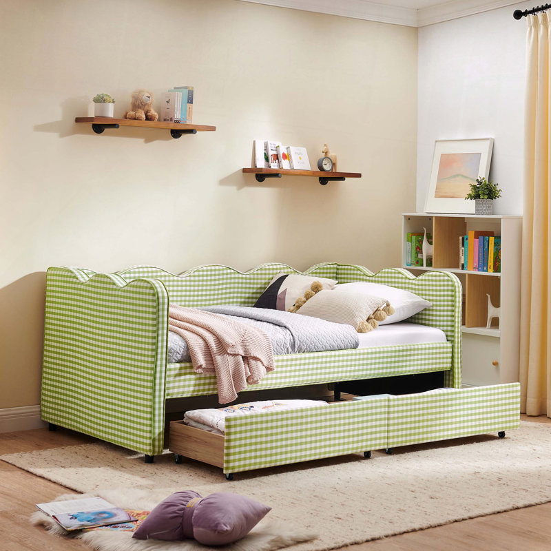 Gingham Daybed Storage Drawers USB Port Wave Shaped, Twin, Green
