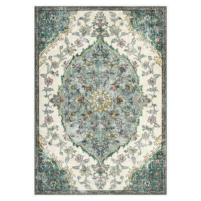 Vintage Machine Washable Bedroom Rug, Non-Slip Non-Shedding Low-Pile Dining Room Rug, Soft Rug for Living Room