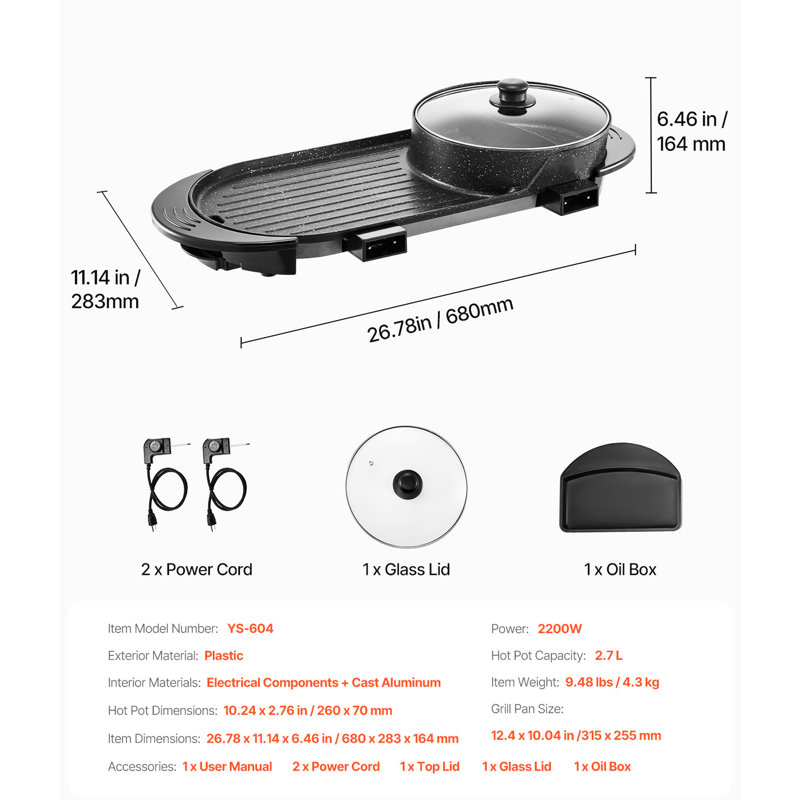 Gril électrique de 2200 W pour fondue chinoise, idéal pour 1 à 6 personnes, chauffe rapide, double bouton de contrôle de la température, revêtement antiadhésif, aluminium moulé, noir avec grille, fonction sans fumée, convivial et facile à utiliser.