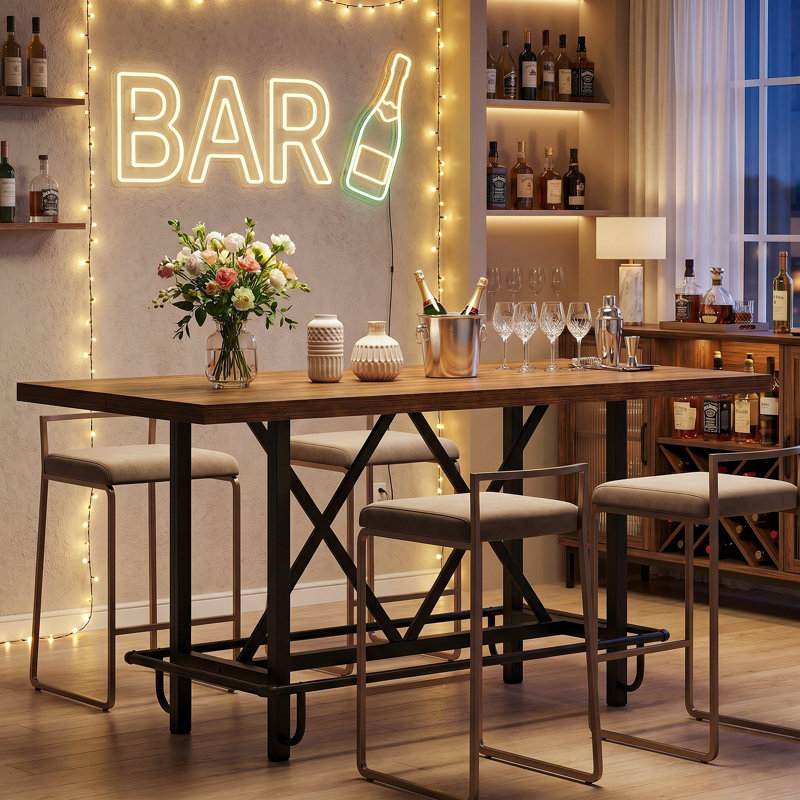 Counter Height Bar Table, 62.99" Long Pub Bar Table With Metal Footrest For Dining Kitchen Breakfast, Brown