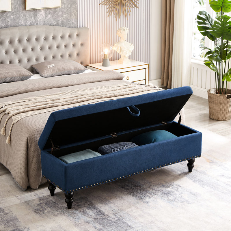 Banc de rangement 59 po avec lin bleu, pour diverses pièces, bouton, pièce de fabrication en bois massif en tissu, chambre à coucher, salon et couloir, caractéristique
