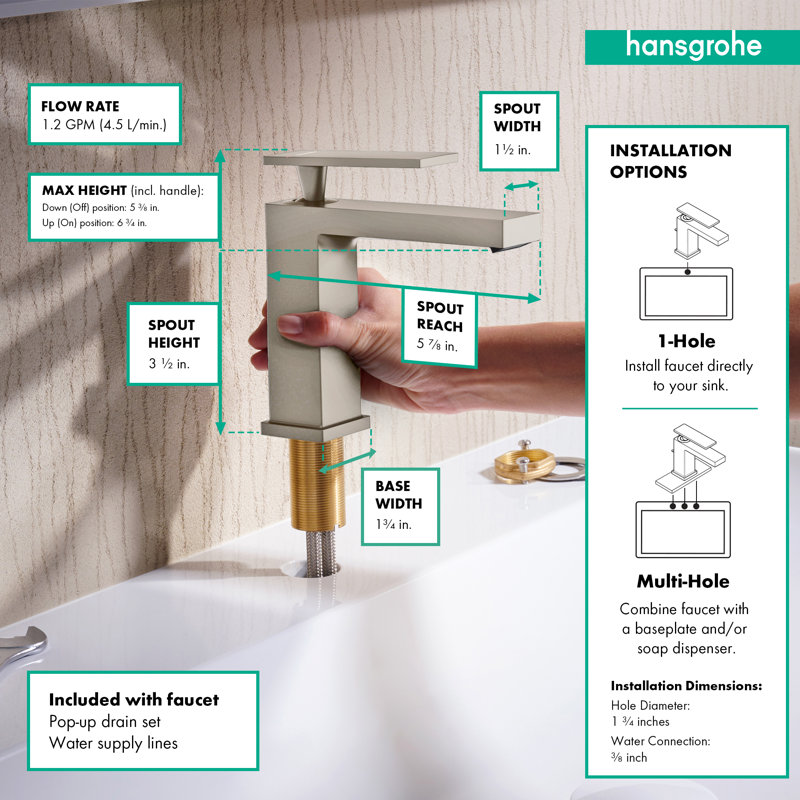 hansgrohe Tecturis E Single-Hole Faucet 80 with Pop-Up Drain, 1.2 GPM, Brushed Nickel
