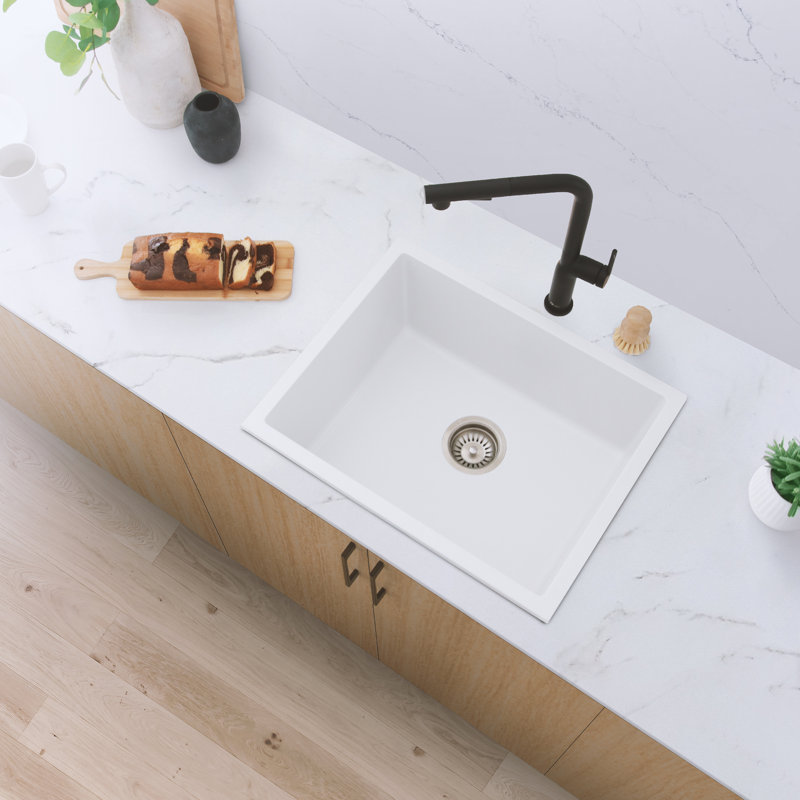 Pietra STYLISH Aspen Dual Mount 22" Single-Bowl Composite Granite Kitchen Sink with Strainer, White