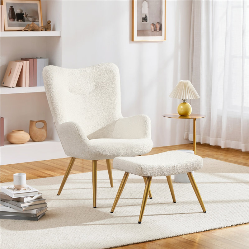 Upholstered Armchair with Footstool, Ivory