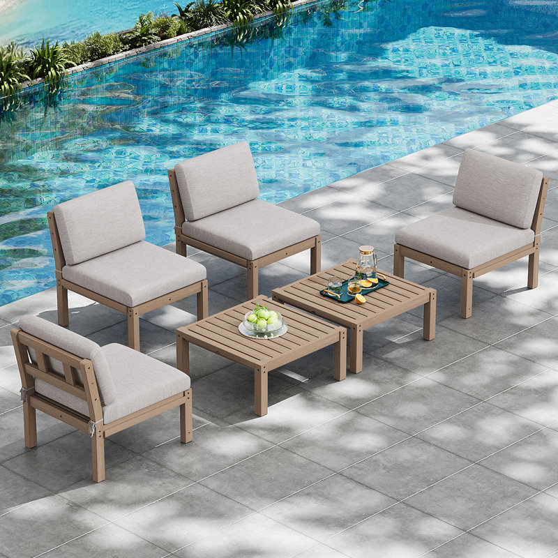 Ensemble de conversation modulaire pour patio pour 4 personnes avec coussins, ensemble de conversation pour canapé HiPS imperméable toutes saisons 6 pièces, teck