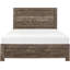 Lit double pour chambre à coucher en brun rustique, fait de bois avec placage, tête de lit, rails et sommier pour un concept de lit brun, rails, requis