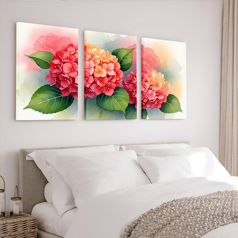 «Hydrangea», impression sur toile tendue à l'aquarelle sur toile, ensemble de 3, H 18 po x l 36 po