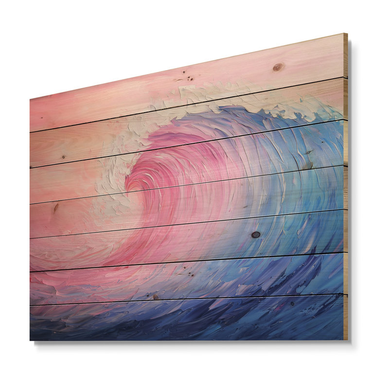 Coastal Rainbow Wave Energy I - Impression nautique rose sur bois de pin naturel, H 30 po x l 40 po