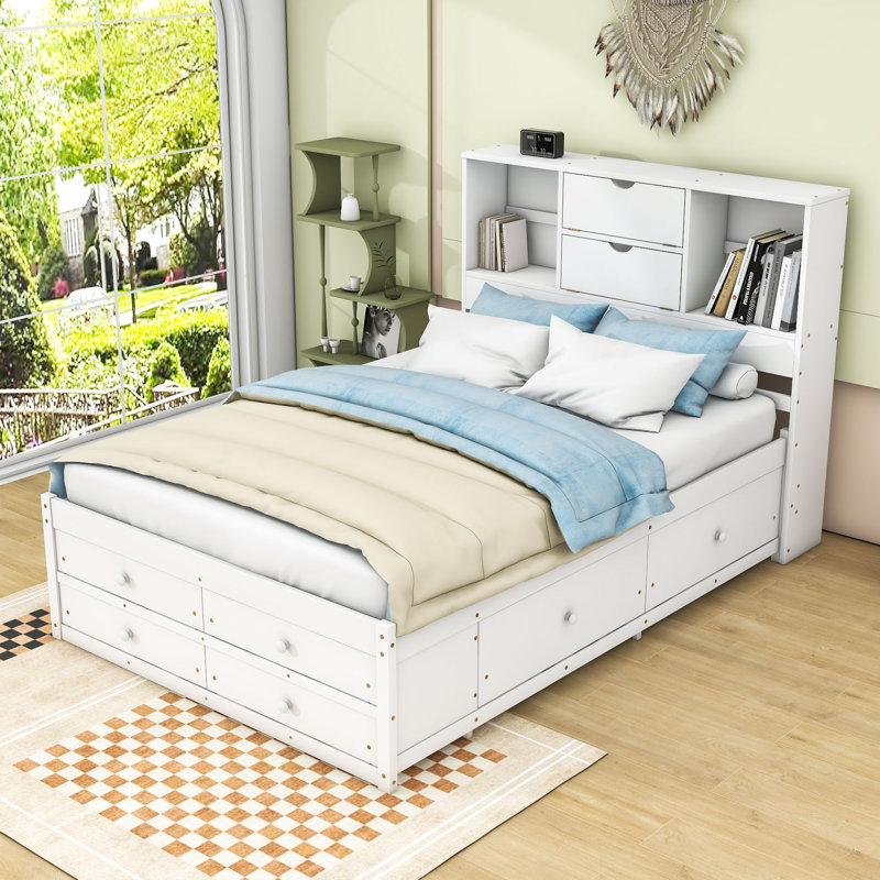 Lit plateforme en bois avec tablettes de rangement et 8 tiroirs Bundrage, Grand, Blanc